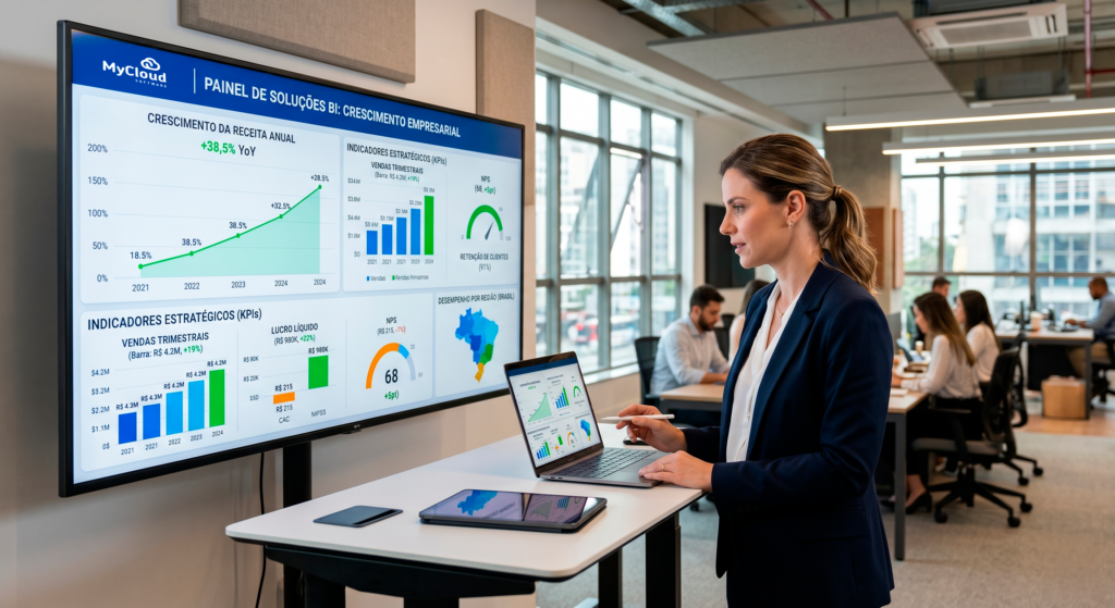 Interface das Soluções de Business Intelligence da MyCloud Software exibindo gráficos de crescimento empresarial e indicadores estratégicos.